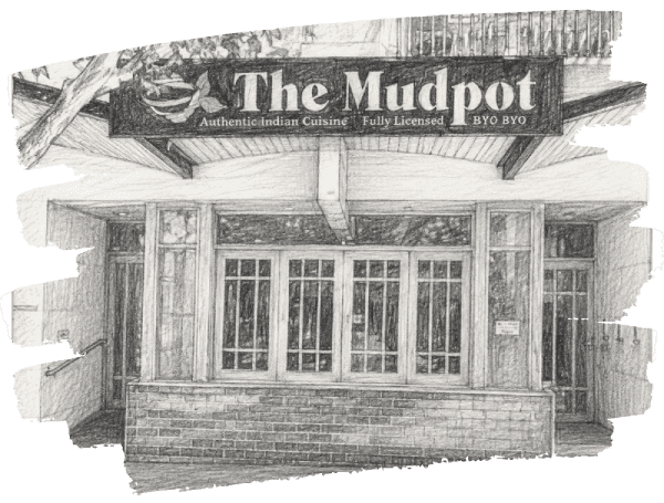 Hand-drawn sketch of The Mudpot storefront